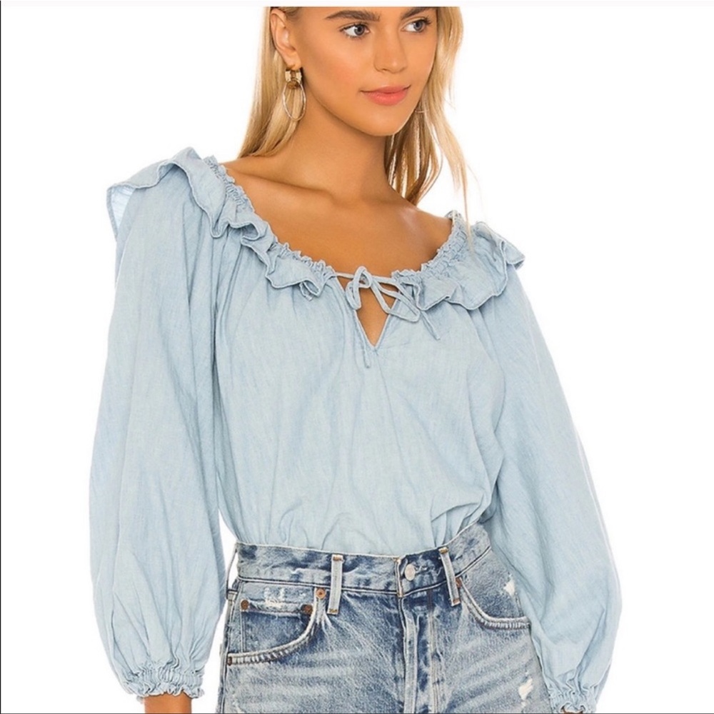 Free People chambray combo denim ruffle top